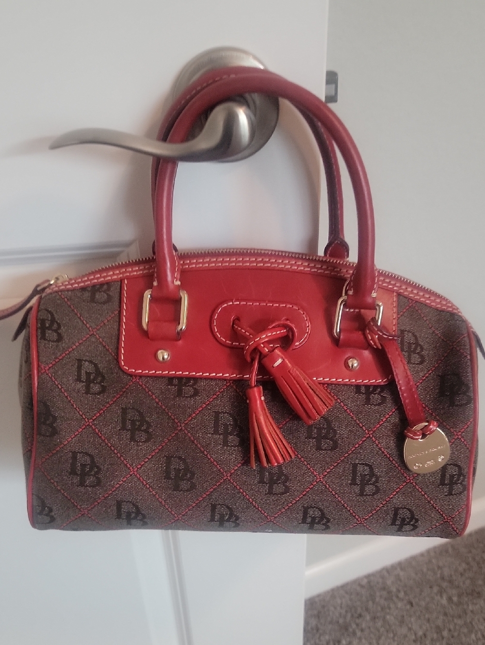Dooney & Bourke Brown Satchel with Red Leather Trim